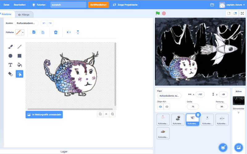 Zu sehen ist der Screenshot des Programmes SCRATCH auf dem ein kleines Kind einen Katzenfisch gemalt hat.