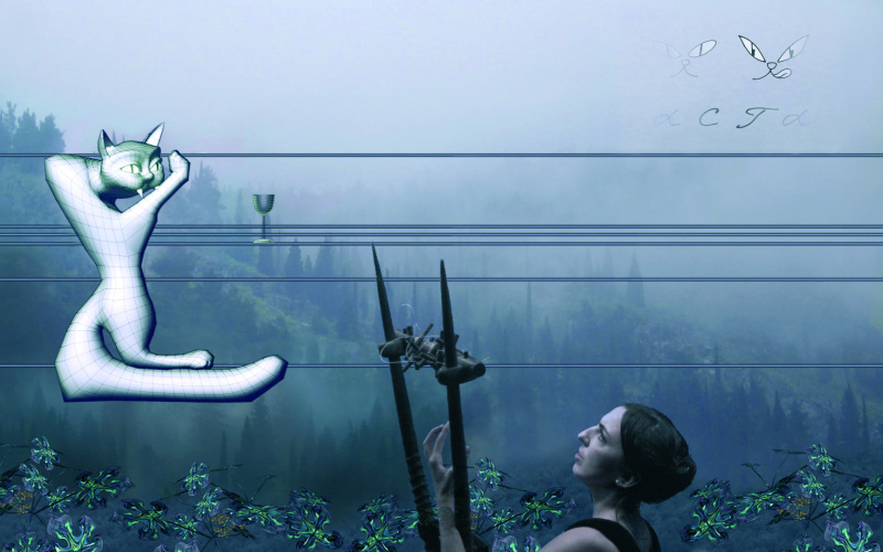 A woman with lyre in front of a blue landscape. She looks at a cat that was drawn with a CAD system.