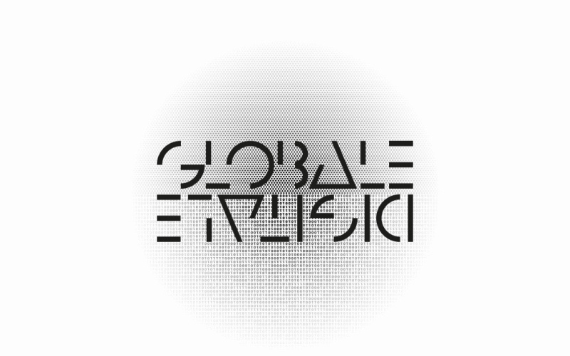 Schwarze Pixel, die sich nach innen verdichten. In der Mitte steht »GLOBALE» geschrieben